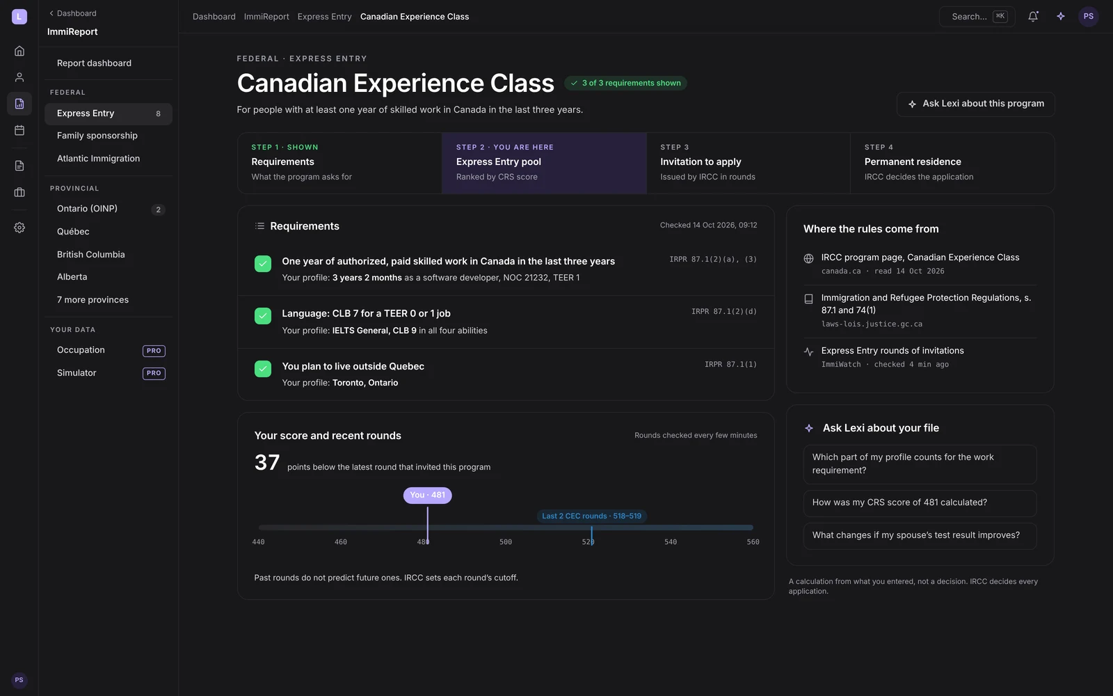Canadian Experience Class: three of three requirements shown with their sources, and a score of 481 next to the last two CEC rounds at 518 and 519