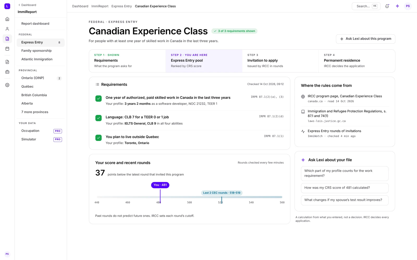 Canadian Experience Class: three of three requirements shown with their sources, and a score of 481 next to the last two CEC rounds at 518 and 519