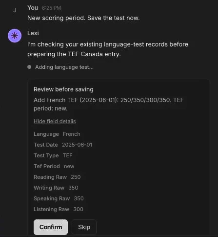 Lexi preparing to add a French test result, with Confirm and Skip buttons