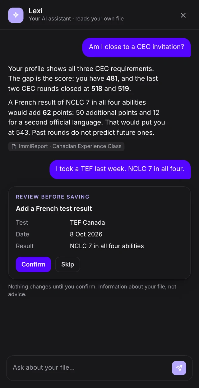 Lexi on a phone: it explains that the score of 481 is below the last two CEC rounds, then asks to confirm a new French test result before saving it
