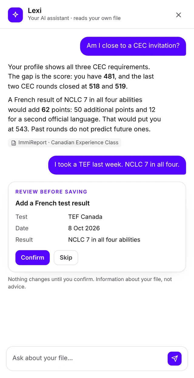 Lexi on a phone: it explains that the score of 481 is below the last two CEC rounds, then asks to confirm a new French test result before saving it