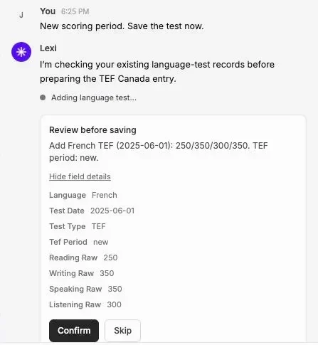 Lexi preparing to add a French test result, with Confirm and Skip buttons