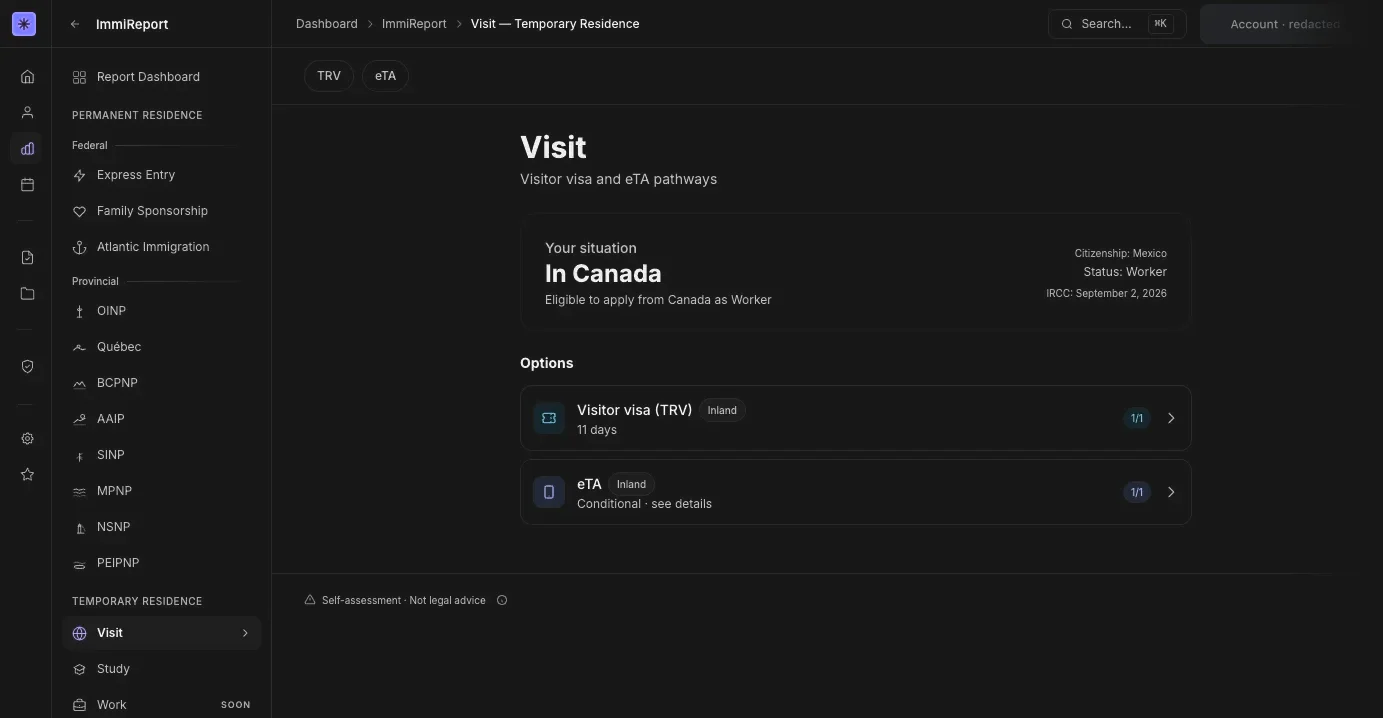 ImmiReport: the program list for permanent and temporary residence, and the visitor options for a worker in Canada