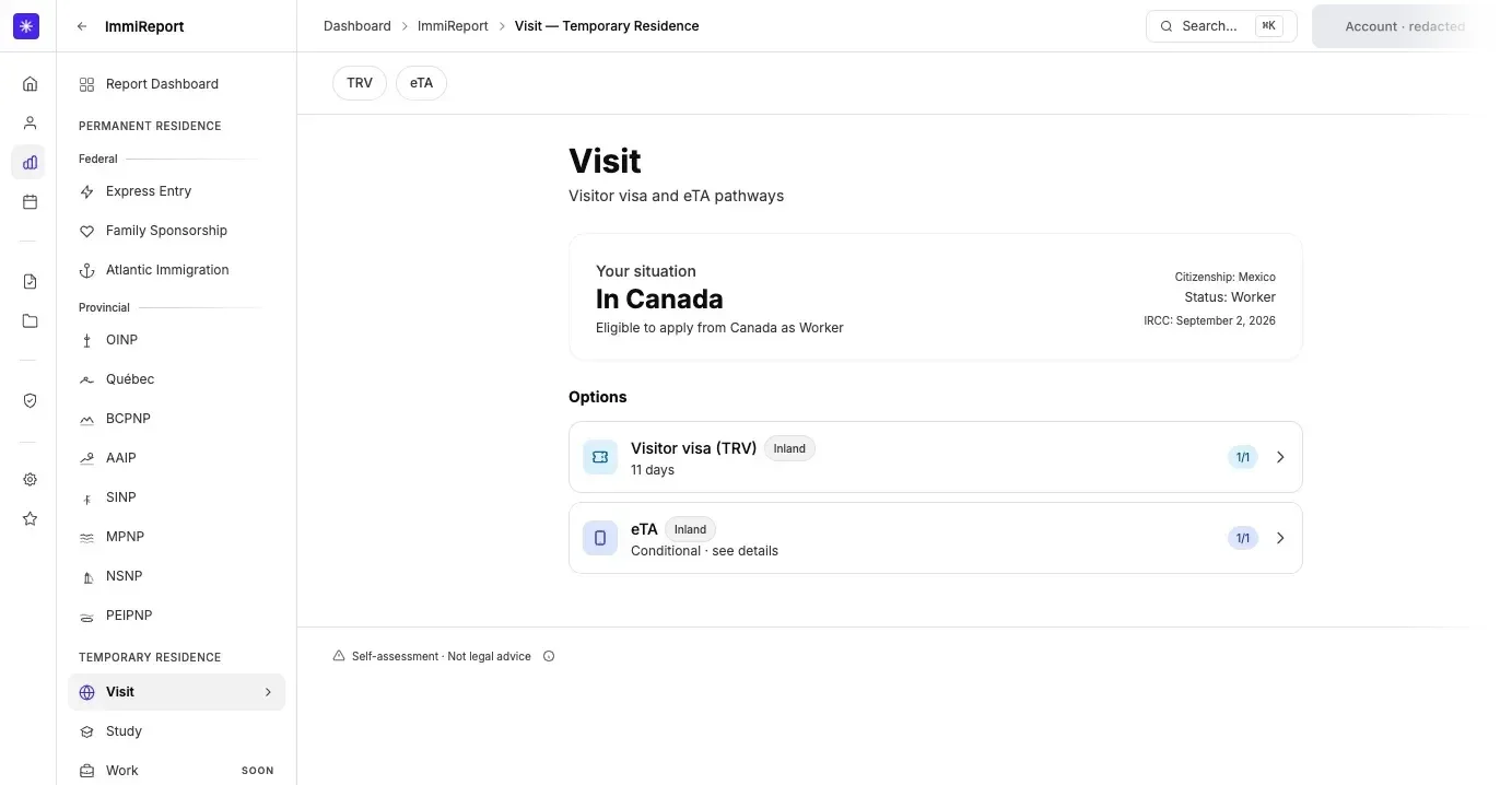ImmiReport: the program list for permanent and temporary residence, and the visitor options for a worker in Canada