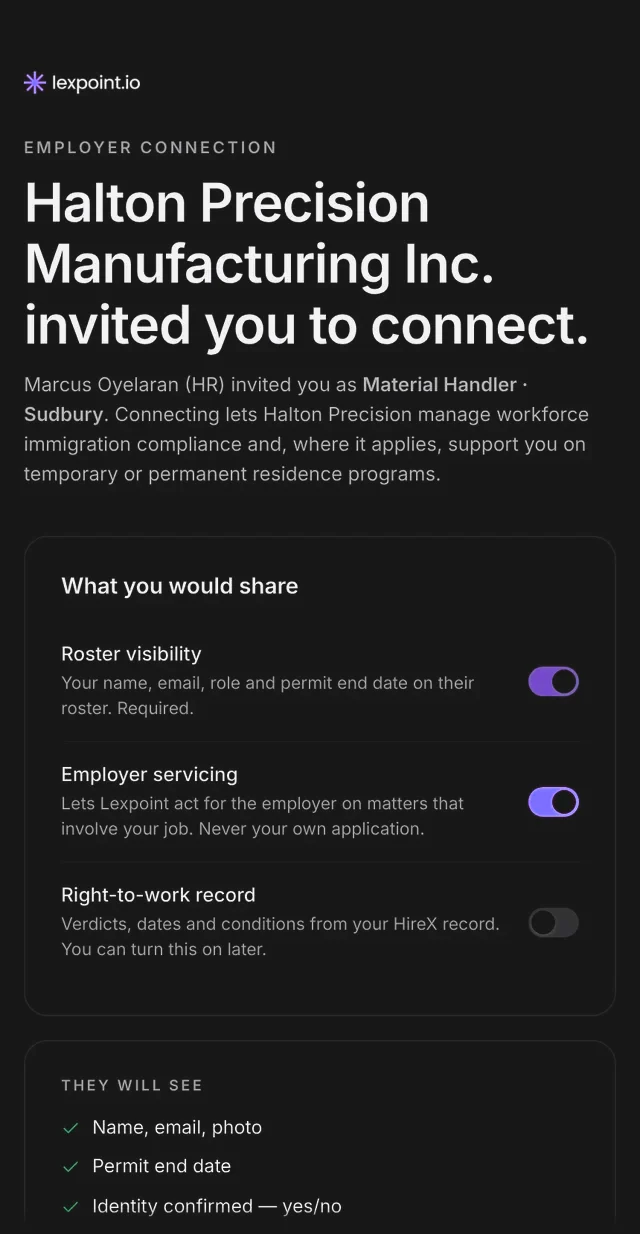 The invitation screen: your employer invited you to connect, and what connecting is for