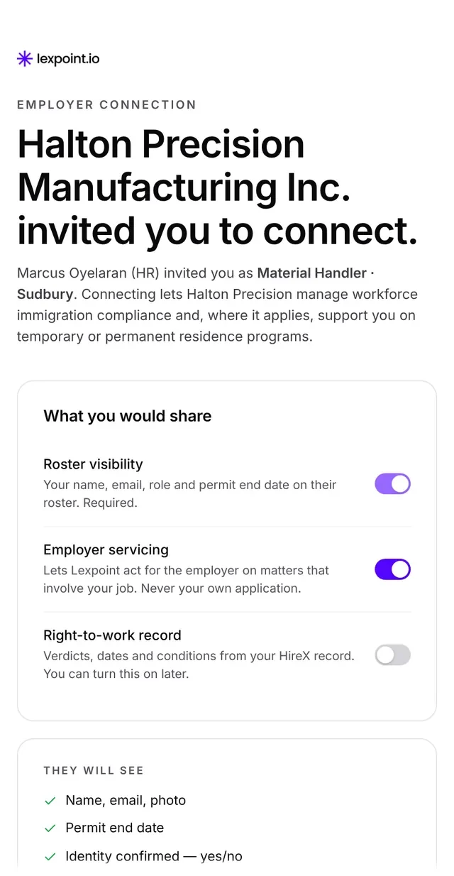 The invitation screen: your employer invited you to connect, and what connecting is for