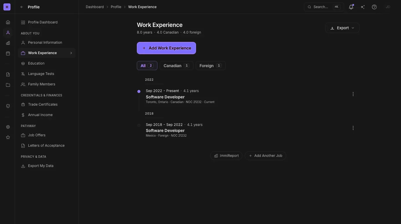 Work experience: each job with its dates, location and NOC