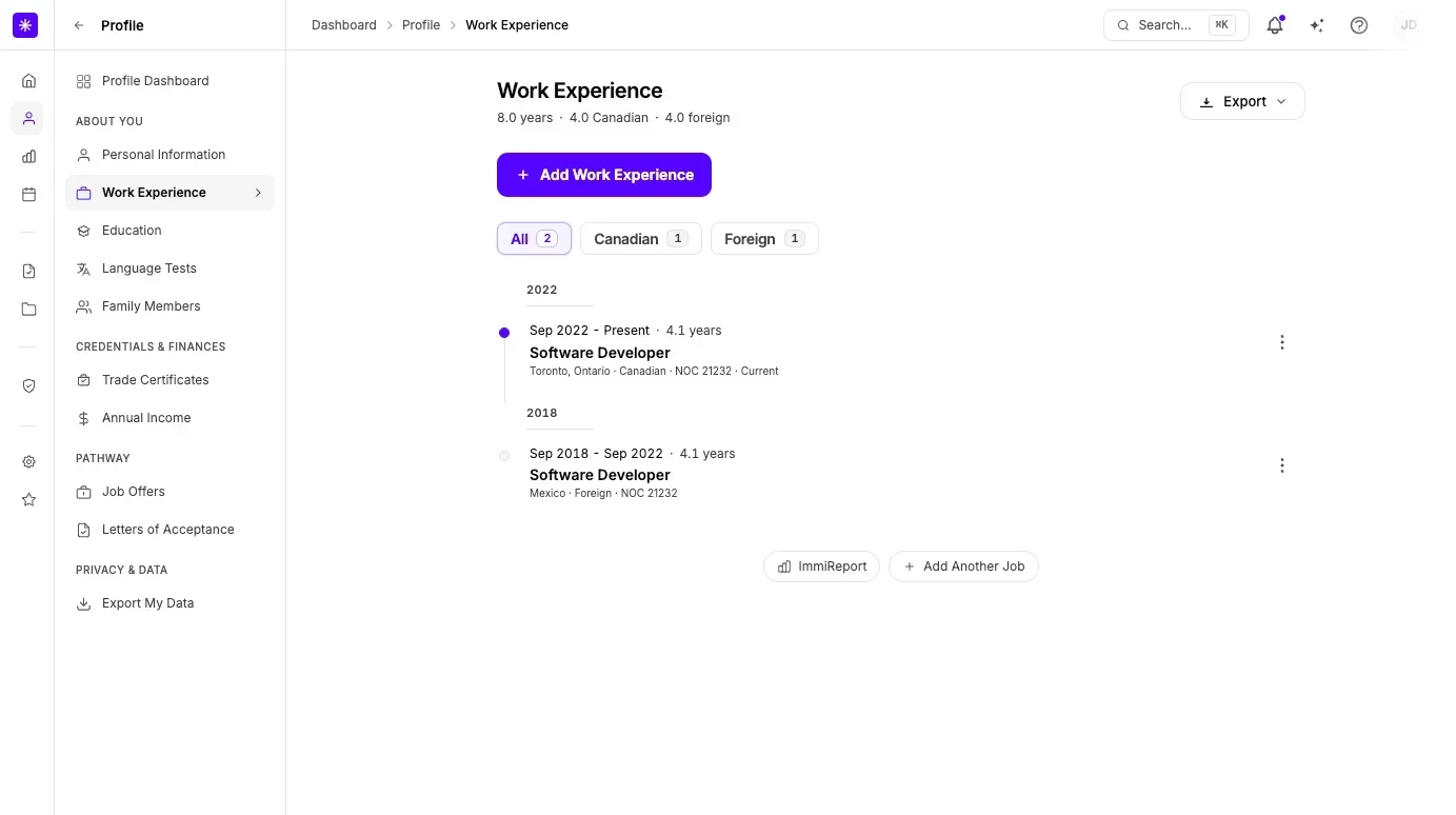 Work experience: each job with its dates, location and NOC