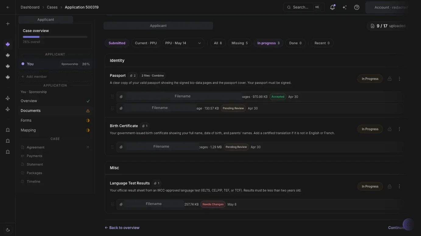 Case Studio documents: requirements with uploaded files and their review status