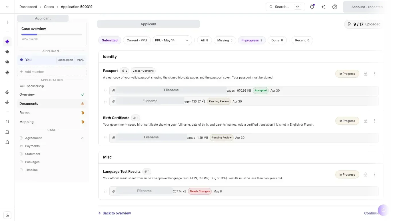 Case Studio documents: requirements with uploaded files and their review status
