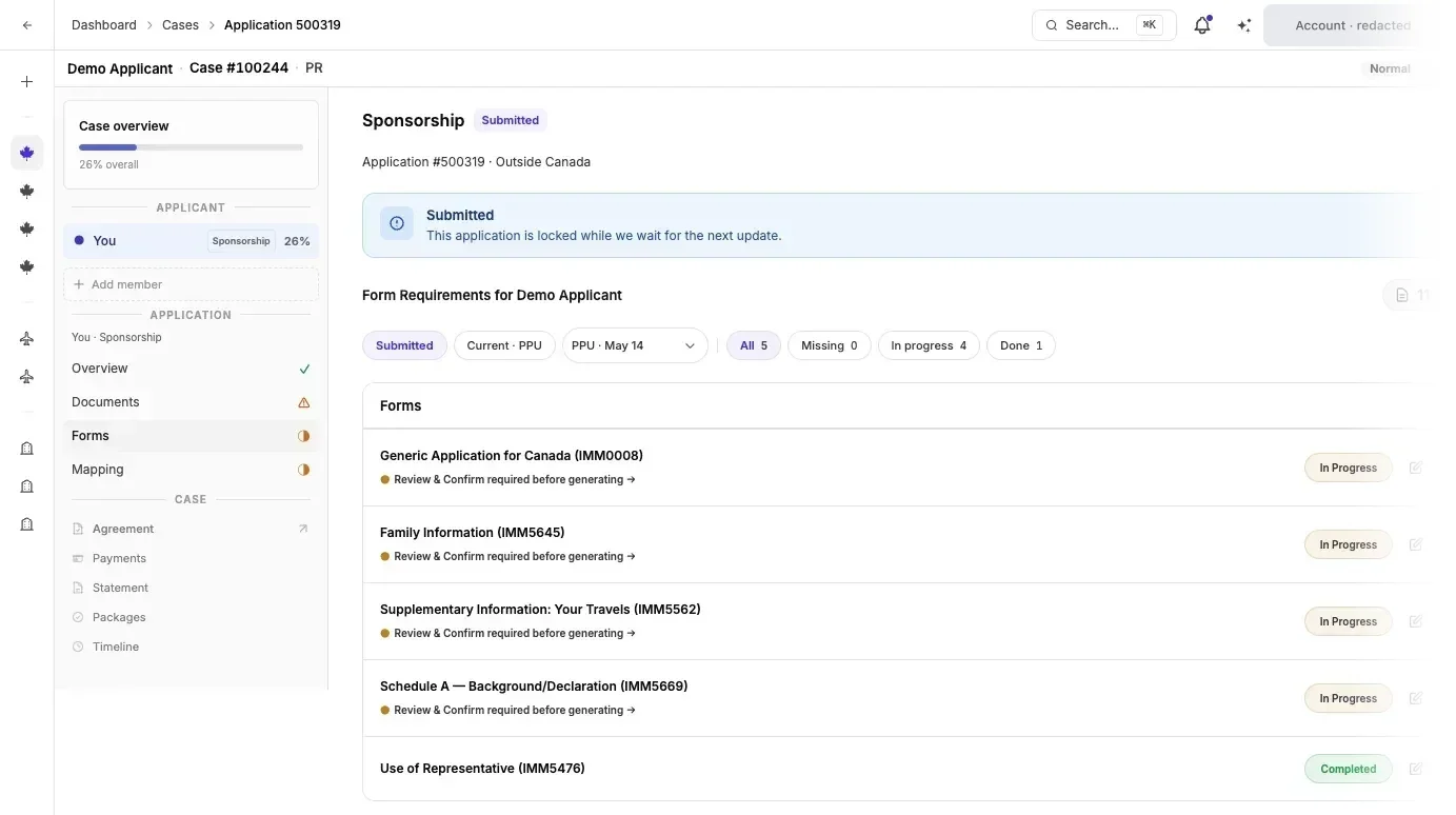 Case Studio forms: one row per IRCC form with its status