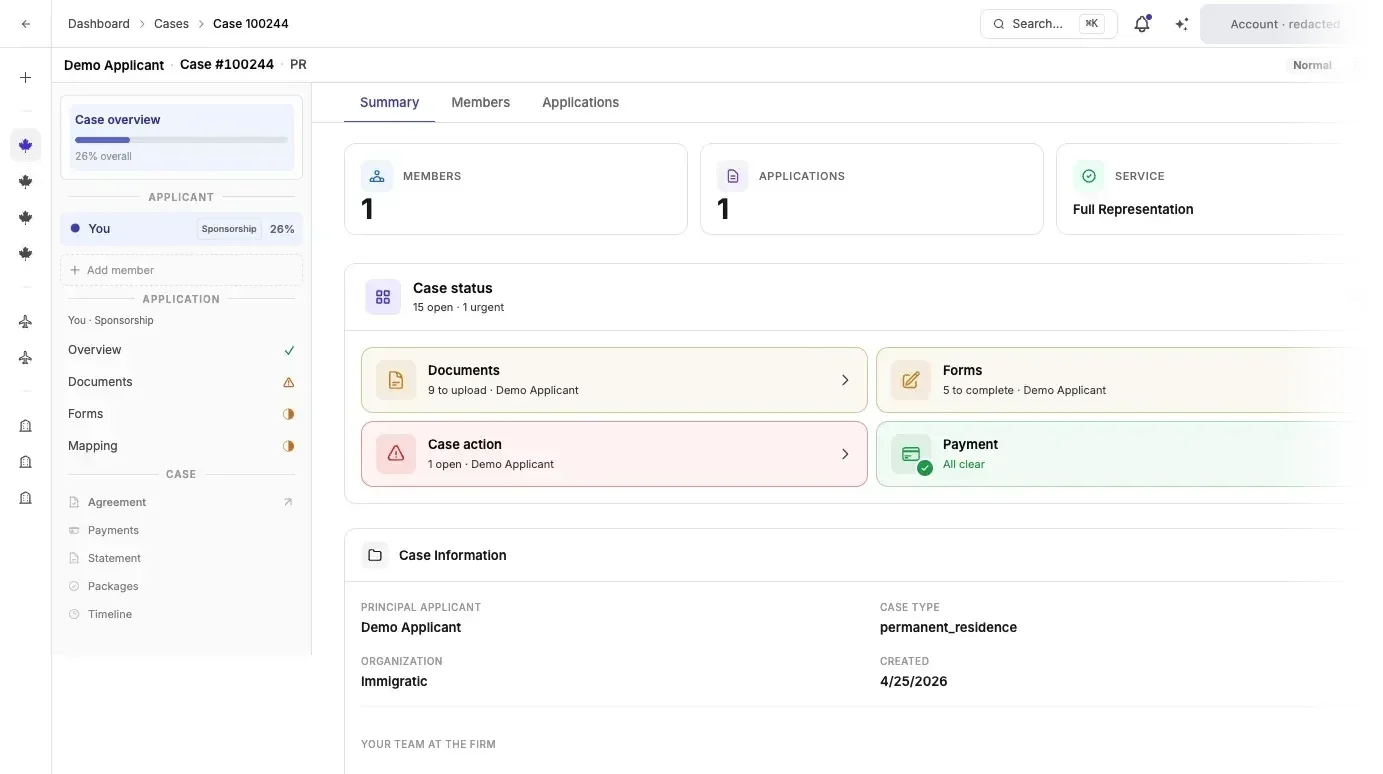 Case Studio in your employee’s Lexpoint account: the case overview with documents, forms, case action and payment
