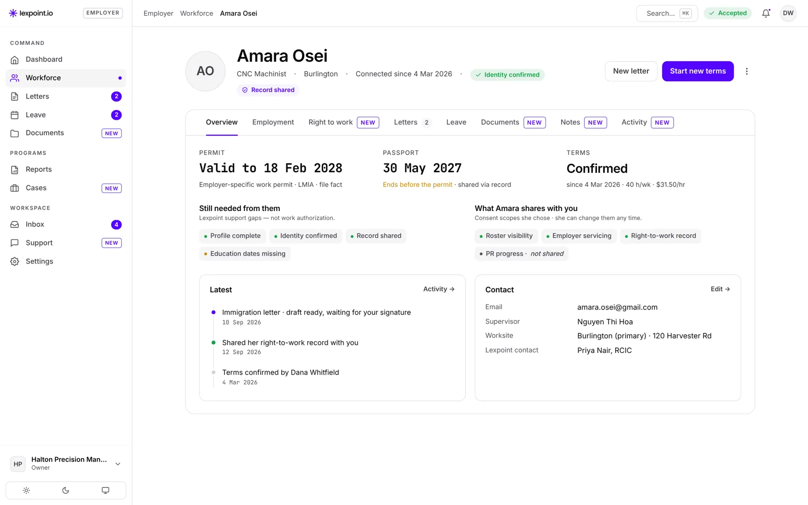 Employee record: permit valid to 18 Feb 2028, passport ends before the permit, terms confirmed