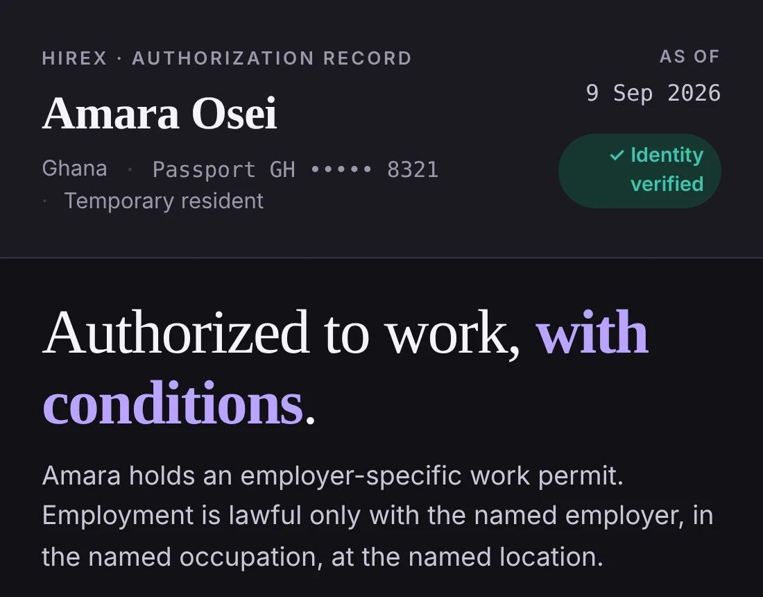 HireX record for Amara Osei: work permit on file, with conditions