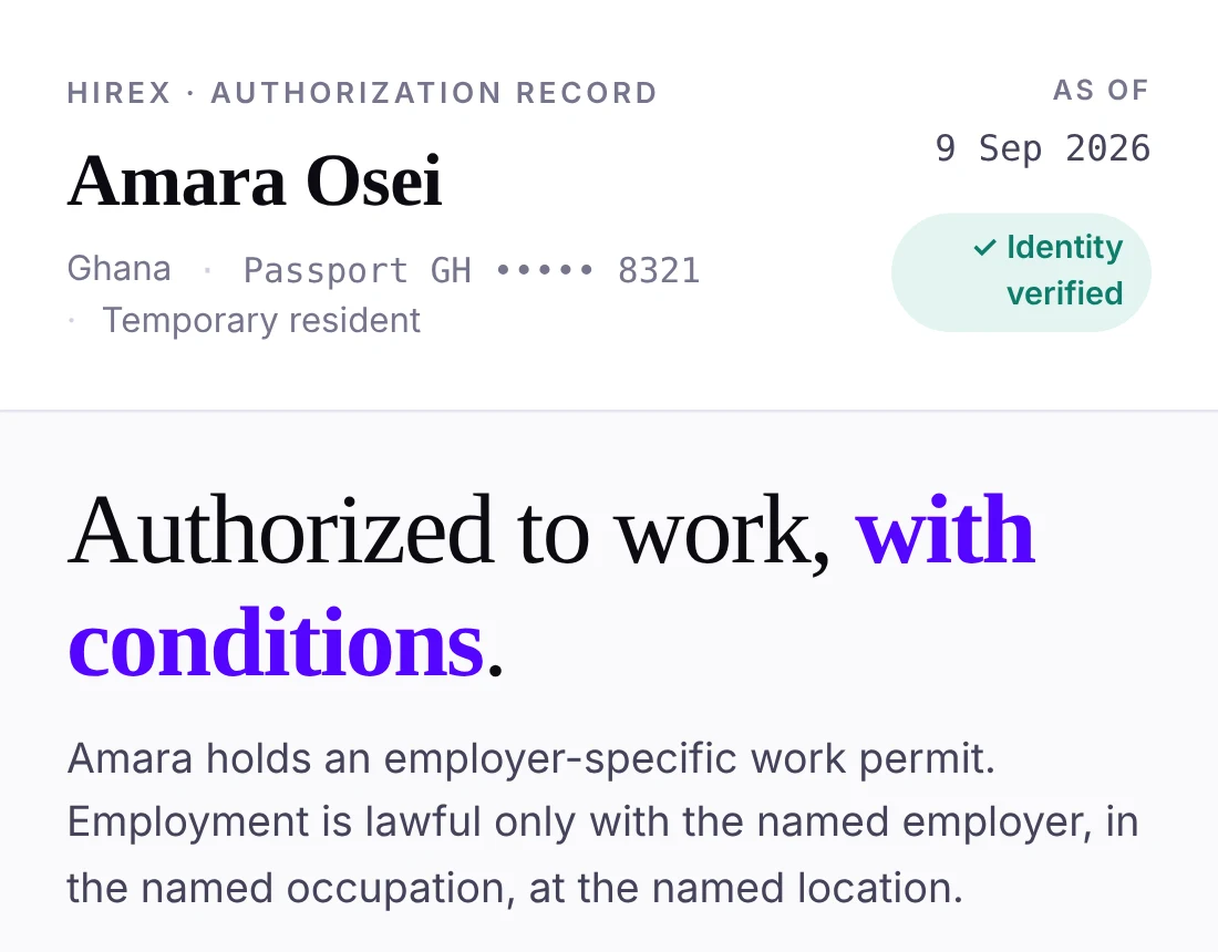 HireX record for Amara Osei: work permit on file, with conditions
