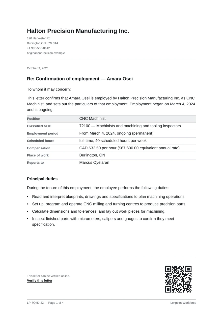 Page 1 of an issued employment letter